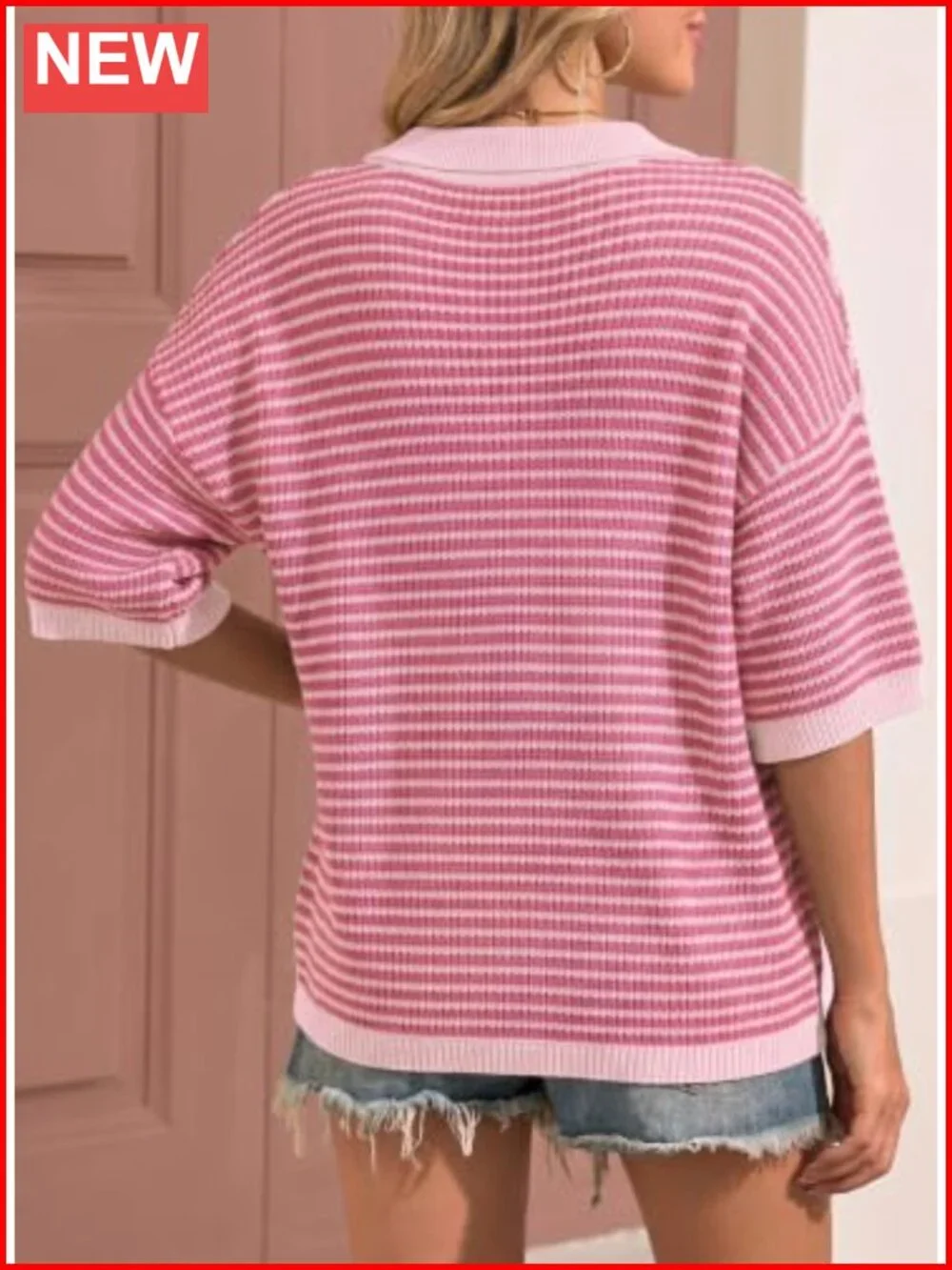 Women's Striped Knit Sweater Half Sleeve V Neck Collared Pullover Top